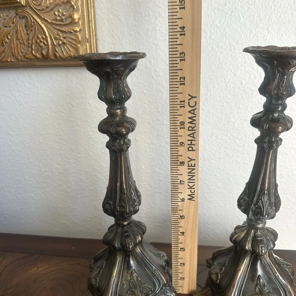 Antique Victorian Candlestick Pair 13 Inch‎ Baroque Footed Copper Bronze Gilt